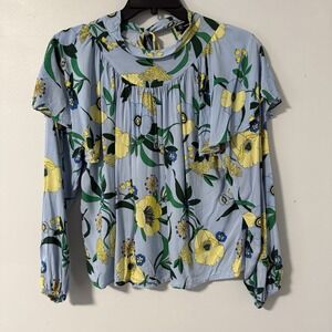INC international Concepts Ruffled Tie Neck Blue Yellow Floral Print Top‎ Blouse